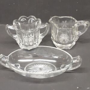 3 pc etched floral crystal sugar/creamer, & sm. dish with bottom star design‎